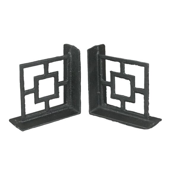 Set of 2 Cast Iron Breeze Block Bookends Decorative Rustic Geometric Shelf Decor - Picture 1 of 5